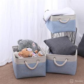 img 2 attached to Set of 3 Foldable Linen Storage Baskets for Nursery and 🧺 Home, Collapsible Canvas Shelf Organizers for Wardrobe or Bedroom, Blue and White