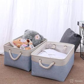 img 1 attached to Set of 3 Foldable Linen Storage Baskets for Nursery and 🧺 Home, Collapsible Canvas Shelf Organizers for Wardrobe or Bedroom, Blue and White