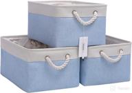 set of 3 foldable linen storage baskets for nursery and 🧺 home, collapsible canvas shelf organizers for wardrobe or bedroom, blue and white логотип