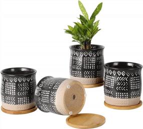 img 4 attached to Retro Black 4 Inch Ceramic Planters With Drainage Hole & Bamboo Tray - Perfect For Indoor Succulents, Flowers, Herbs, & Aloes (4 Pack)
