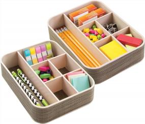 img 4 attached to 2 Pack Pearl Champagne Plastic Woven Home Office Drawer Storage Tray Divided For Countertop Desk Workspace Gel Pens Colored Pencils Erasers Tape Paper Clips 6 Compartments