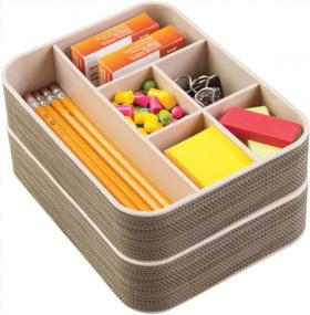 img 2 attached to 2 Pack Pearl Champagne Plastic Woven Home Office Drawer Storage Tray Divided For Countertop Desk Workspace Gel Pens Colored Pencils Erasers Tape Paper Clips 6 Compartments