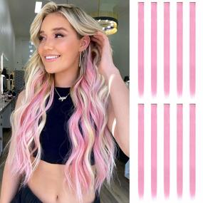 img 4 attached to 🎀 FESHFEN Pink Colored Hair Extensions, Set of 10 Hairpieces for Women, Highlight Colorful Straight Clip-in Hair Extensions, Perfect for Daily Party Costumes, Girls, Dolls, 22 inch