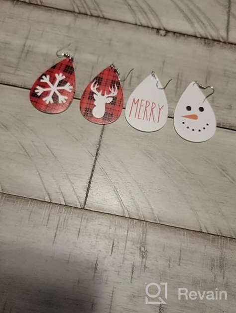 img 1 attached to 4 Pairs Red and White Merry Christmas Theme Teardrop Leather Drop Earrings featuring Snowflake, Reindeer, Snowman, and Kilt Grid Print Patterns - Dangle Xmas Jewelry for Women and Girls (B white) review by Ashley Baldwin