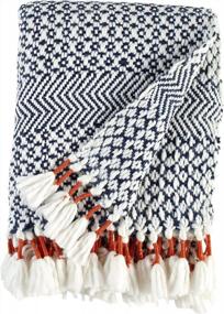 img 1 attached to Amazon Brand – Rivet Modern Hand-Woven Stripe Fringe Throw Blanket, 50" X 60", Navy Blue And White With Sienna Orange