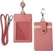 pink larpur id badge holder with retractable reel - pu leather with detachable lanyard & clear window - for school, office and exhibitions logo