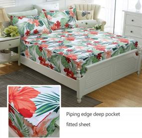 img 3 attached to Hawaiian Cotton Bedding Set With Red Hibiscus And Palm Leaves Design - Hypoallergenic Deep Pocket Fitted Sheets - 4-Piece California King Size - FADFAY