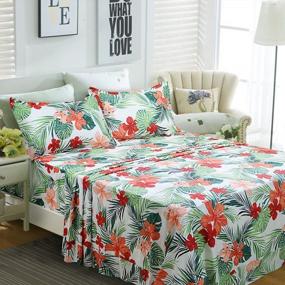 img 2 attached to Hawaiian Cotton Bedding Set With Red Hibiscus And Palm Leaves Design - Hypoallergenic Deep Pocket Fitted Sheets - 4-Piece California King Size - FADFAY