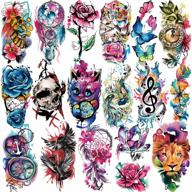 metuu 77 sheet temporary tattoo sticker - colorful oil painting style fake tattoo for men & women with wasp clock, butterfly, rose peony, skull wing designs logo