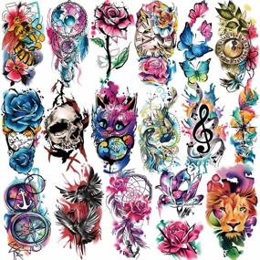 img 4 attached to Metuu 77 Sheet Temporary Tattoo Sticker - Colorful Oil Painting Style Fake Tattoo For Men & Women With Wasp Clock, Butterfly, Rose Peony, Skull Wing Designs