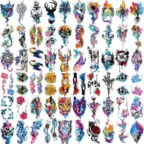 img 3 attached to Metuu 77 Sheet Temporary Tattoo Sticker - Colorful Oil Painting Style Fake Tattoo For Men & Women With Wasp Clock, Butterfly, Rose Peony, Skull Wing Designs