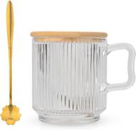 12 oz glass coffee mug w/ bamboo lid & cherry blossoms spoon - classical striped tea cup for milk, latte, juice, tea logo