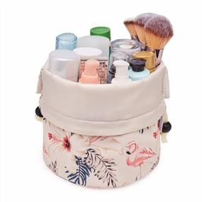 img 4 attached to Large Waterproof Barrel Makeup Bag With Drawstring, Ideal Travel Toiletry Organizer For Women And Girls - Stylish Beige Bird Design