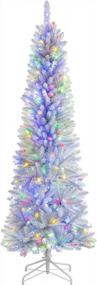 img 4 attached to 7.5Ft Prelit Pencil Christmas Tree - Warm White & Multi-Color Lights, Foldable Metal Stand, Alpine Slim Holiday Decoration For Xmas Home/Office/Party