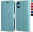ocase iphone x/10 wallet case - wireless charging, card slot & kickstand | leather flip cover in mint green logo
