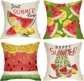 img 4 attached to Set Of 4 Happy Sweet Summer Watermelon And Lemon Decorative Pillow Covers For Sofa Couch, 16X16 Inch Home Decor Cushion Cases With Gnome Design