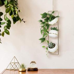 img 2 attached to JACKCUBE Design Hanging Planter For Indoor Plants, Boho Vertical Ceiling Plant Gold Metal Hanger With 3 White Mini Ceramic Pots, Succulents Cactus Herb Faux Flower Decoration - MK631A