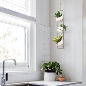 img 1 attached to JACKCUBE Design Hanging Planter For Indoor Plants, Boho Vertical Ceiling Plant Gold Metal Hanger With 3 White Mini Ceramic Pots, Succulents Cactus Herb Faux Flower Decoration - MK631A