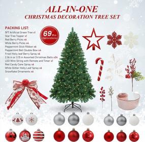 img 3 attached to WBHome 5FT Украшенная искусственная рождественская елка с украшениями и огнями, красно-белые рождественские украшения, в том числе 5-футовая полная елка, набор украшений, 200 светодиодных ламп