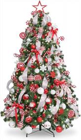 img 4 attached to WBHome 5FT Украшенная искусственная рождественская елка с украшениями и огнями, красно-белые рождественские украшения, в том числе 5-футовая полная елка, набор украшений, 200 светодиодных ламп