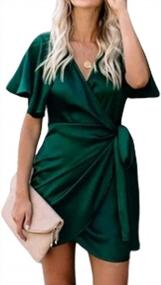 img 4 attached to Flattering Satin Wrap Mini Dress For Women With Flutter Sleeves And Belted Waist