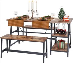 img 2 attached to Rustic Brown Dining Room Bench Set With Wine Rack And Glass Holder - Kitchen Table With Benches For 4 - Perfect For Home, Kitchen, And Dining Room (55.1 Inches)