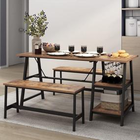 img 1 attached to Rustic Brown Dining Room Bench Set With Wine Rack And Glass Holder - Kitchen Table With Benches For 4 - Perfect For Home, Kitchen, And Dining Room (55.1 Inches)