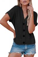 women's v-neck waffle knit button cardigan henley tee shirt - short bat sleeve top for casual loose solid flowy look logo