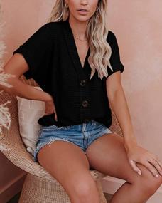img 2 attached to Women'S V-Neck Waffle Knit Button Cardigan Henley Tee Shirt - Short Bat Sleeve Top For Casual Loose Solid Flowy Look