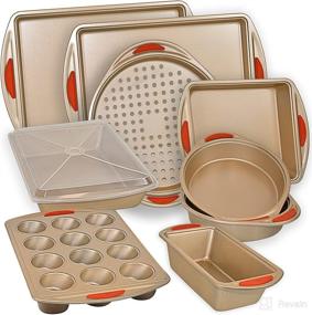 img 4 attached to 🍪 10-Piece Nonstick Bakeware Set with Baking Pans, Baking Sheets, Cookie Sheets, Muffin Pan, Bread Pan, and Cake Pan - Luxurious Gold Baking Tray Set with Red Silicone Grip Handles by PERLLI