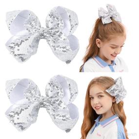 img 4 attached to 🎀 AMYDECOR Silver Glitter Sequin Hair Bows for Girls - 6 Inch, Set of 2