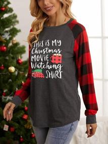 img 1 attached to Womens Christmas Movie Watching Plaid Tee - Long Sleeve Merry Xmas Coffee Splicing Top For The Holidays