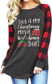 img 4 attached to Womens Christmas Movie Watching Plaid Tee - Long Sleeve Merry Xmas Coffee Splicing Top For The Holidays