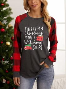 img 3 attached to Womens Christmas Movie Watching Plaid Tee - Long Sleeve Merry Xmas Coffee Splicing Top For The Holidays