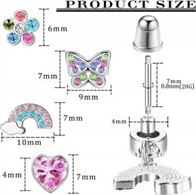 img 3 attached to Stainless Steel Screw Back Earrings Set For Women - 4 Pairs Of Cute CZ Heart, Flower, Butterfly, And Rainbow Dangle Earrings In Multicolor Cubic Zirconia - Hypoallergenic Jewelry