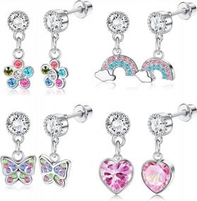 img 4 attached to Stainless Steel Screw Back Earrings Set For Women - 4 Pairs Of Cute CZ Heart, Flower, Butterfly, And Rainbow Dangle Earrings In Multicolor Cubic Zirconia - Hypoallergenic Jewelry
