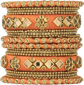 img 4 attached to Orange Faux Stone Studded Bangle Set | Aheli Handmade Silk Thread Chuda Jewelry For Indian Wedding Wear Women'S Fashion