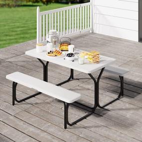 img 4 attached to 4.5Ft Outdoor Picnic Table Bench Set With Stable Steel Frame & Wooden Texture Tabletop - Weather Resistant White
