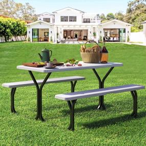 img 2 attached to 4,5-футовый набор столов для пикника на открытом воздухе со стабильной стальной рамой и столешницей с деревянной текстурой - устойчивый к атмосферным воздействиям белый