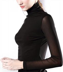 img 3 attached to Mesh Sheer Turtleneck Top For Women: Long Sleeve Slim Fit Blouse With Casual See Through Style