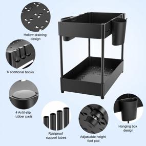 img 2 attached to KINGROW 2-Tier Under Sink Storage Organizer, Bathroom And Kitchen Cabinet Storage With 6 Hooks And 2 Hanging Cups, Multi-Purpose Black Under Sink Organizer And Storage Solution