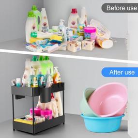 img 1 attached to KINGROW 2-Tier Under Sink Storage Organizer, Bathroom And Kitchen Cabinet Storage With 6 Hooks And 2 Hanging Cups, Multi-Purpose Black Under Sink Organizer And Storage Solution
