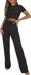 img 4 attached to Women'S Lingswallow Wide-Leg Lounge Set With Short Sleeve Top - Ribbed Knit Pajama 2 Piece