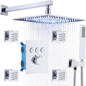img 4 attached to Thermostatic Led Rain Shower System With Body Jets And 12 Inch Wall Mount - Chrome Finish - Allows Simultaneous Use Of Multiple Showerheads