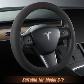 img 1 attached to 🚗 Покрытие для рулевого колеса автомобиля Tesla Model 3/Y на заказ - замша с логотипом, анти-скользящий дизайн - внутренний модификатор автоаксессуар в черном цвете (TSL-1)