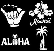 🌺 hawaiian decal 4 pack: hang loose islands, hibiscus in hawaii, aloha pineapple, palm tree surf board (white, small ~3.5&#34;) логотип