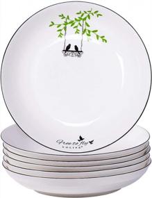 img 4 attached to 6-Piece YOLIFE Ceramic Salad/Pasta Plates Set - 20 OZ White Porcelain Bowls With Black Edge & Brids On Tree Design