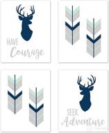 🦌 enhance your woodland deer-themed room with sweet jojo designs navy blue, mint, and grey wall art prints for baby, nursery, and kids - set of 4: seek adventure and have courage логотип