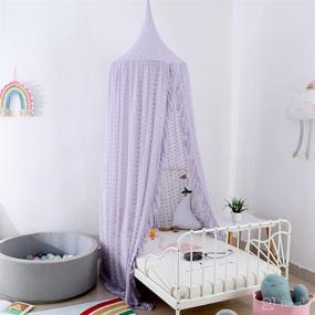 img 3 attached to 👑 Girls' Purple Bed Canopy – Princess Hanging Tent for Kids, Crib Netting with Macrame Lace, Toddler Girl's Canopy Bedding for Baby Room, Bedroom, Reading Nook, Nursery Decor with Pom Pom - Boho Style