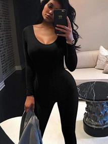 img 2 attached to Women'S Ribbed U Neck Bodycon Jumpsuit Long Sleeve Romper Workout Set